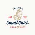 Eggs and Fresh Poultry Abstract Vector Sign, Symbol or Logo Template. Hand Drawn Sketch Chicken with Little Chick Royalty Free Stock Photo
