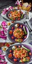 Eggs with fresh vegetables and sausage. Collage of set photos Royalty Free Stock Photo