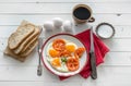 Eggs fried overeasy served on white plate Royalty Free Stock Photo
