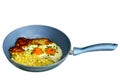 Eggs in a frying pan with bacon. The bachelor`s breakfast.