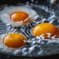 Eggs frying in pan with water, culinary masterpiece in making