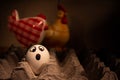 Eggs with funny faces with some hens watching them from behind out of focus. Conceptual image Royalty Free Stock Photo