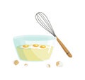 Eggs in a glass bowl for kneading. Ingredient and cookware for making dough, cookie or croissant. Flat cartoon vector