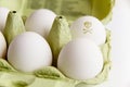 Eggs in a green paper package with one of the eggs painted with a poisonous risk symbol