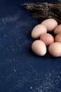 Eggs of guinea fowl on blue background close-up