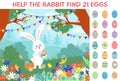 Eggs hunt. Easter puzzle game location with bunny and egg in garden or forest. Hare and chicken with basket, festive