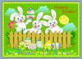 Eggs hunting. Easter greeting card. Illustration of three cute bunnies. Best holiday wishes from happy rabbits. Modern print with Royalty Free Stock Photo