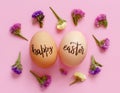 Eggs with inscription HAPPY EASTER and small flowers over light pink background Royalty Free Stock Photo