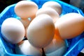 Eggs kept in a plastic basket selective focus Royalty Free Stock Photo