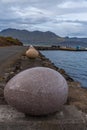 the Eggs at Merry Bay sculpture at Djupivogur village on Iceland Royalty Free Stock Photo