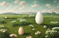 Eggs in Nature Landscape. Easter Egg hunt concept. Fresh organic raw eggs AI Generated