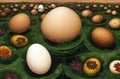 Eggs in Nature Landscape. Easter Egg hunt concept. Fresh organic raw eggs AI Generated