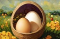 Eggs in Nature Landscape. Easter Egg hunt concept. Fresh organic raw eggs AI Generated