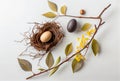 Eggs, nest, tree twig, flowers and leaves. Minimalistic Easter light background on white table. Generative AI