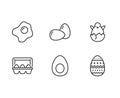 Eggs, organic food flat line icons. Breakfast fried egg, hatched chicken in eggshell vector illustration, easter sign