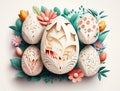 Eggs with ornament, greenery and floral for Easter in 3d style illustration on white background. Generative AI