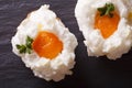 Eggs Orsini: baked whipped whites and yolks horizontal top view