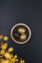 Eggs painted gold and black. Top view of nest containing three egg. Minimal Easter concept Royalty Free Stock Photo