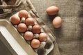 Eggs in paper pack on sack cloth Royalty Free Stock Photo