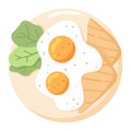 Eggs on a plate. Fried eggs with vegetables and bread. English delicious breakfast.