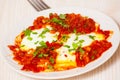 Eggs poached in a sauce of tomatoes, chili peppers, and onions Royalty Free Stock Photo