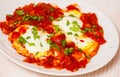 Eggs poached in a sauce of tomatoes, chili peppers, and onions Royalty Free Stock Photo