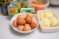 Eggs, Potatoes, Carrots And Canned Vegetables. Ingredients For Making A Veggie Salad