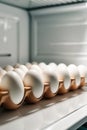 Eggs In The Refrigerator Arranged In Rows Low Temperature Storage Of Eggs The Structure Of The Shell In Close Up. Royalty Free Stock Photo