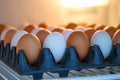 Eggs in the refrigerator for storage in the kitchen home - Fresh chicken eggs and duck eggs in box