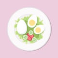 Eggs with salad healthy diet meal on plate. Vector illustration. Simple flat stock nutrition image. chicken egg healthy food