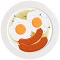 Breakfast dish with fried eggs and sausages. Vector illustration