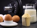 eggs, scoop of whey protein powder, glass of milk and dumbbell on black background, concept of sports nutrition Royalty Free Stock Photo