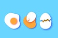 Eggs in shell, crack, half. Broken egg and yolk. Farm products. Fast food. Natural product. Omelet papercut style. Blue
