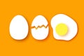 Eggs in shell, fried, half. Broken egg and yolk. Farm products. Fast food. Natural product. Omelet papercut style