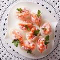 Eggs stuffed with prawns and cream cheese close up. Top view Royalty Free Stock Photo