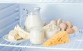 eggs and tasty dairy products: sour cream, cottage cheese, milk, cheese, butter