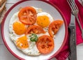 Eggs with tomatoes served, topview