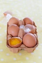 Eggs in a tray on yellow dot background