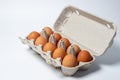 Eggs on a white background. Chicken eggs in a paper box Royalty Free Stock Photo