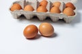 Eggs on a white background. Chicken eggs in a paper box. Two eggs lie side by side Royalty Free Stock Photo