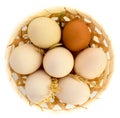 Eggs on white background straw chicken