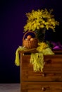 Eggs in a wicker basket, a bouquet of mimosa and church candles