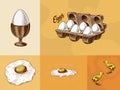 Eggs and and yolk, scrambled omelette, shell and farm product, Chicken and packaging. Engraved hand drawn vintage sketch