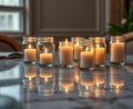 Eggshell candles glowing inside tiny glass jars, casting reflections on a marble table Royalty Free Stock Photo