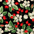 Eglantine Rose Hip Flower and red berry flower seamless vector pattern background.