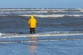 a fisherman with a yellow cagoule standing in the rough sea of the North sea close to the beach Royalty Free Stock Photo