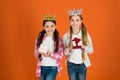 Egocentric princess. Kids wear golden crowns symbol princess. Every girl dreaming become princess. Little princess Royalty Free Stock Photo