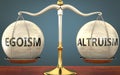 Egoism and altruism staying in balance - pictured as a metal scale with weights and labels egoism and altruism to symbolize