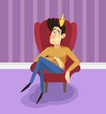 Egotistical modern prince sitting on a throne, funny young man comic character posing on the background of living room Royalty Free Stock Photo