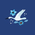 Egret and flowers. Cartoon hand drawn modern style bird flying and decor botanical elements, doodle colorful blue illustration,